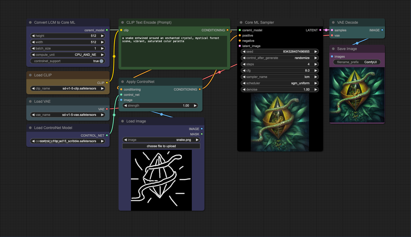 A ComfyUI workflow using the CoreML nodes: LCM converted to Core ML, driven by ControlNet, sampled on the Apple Neural Engine.